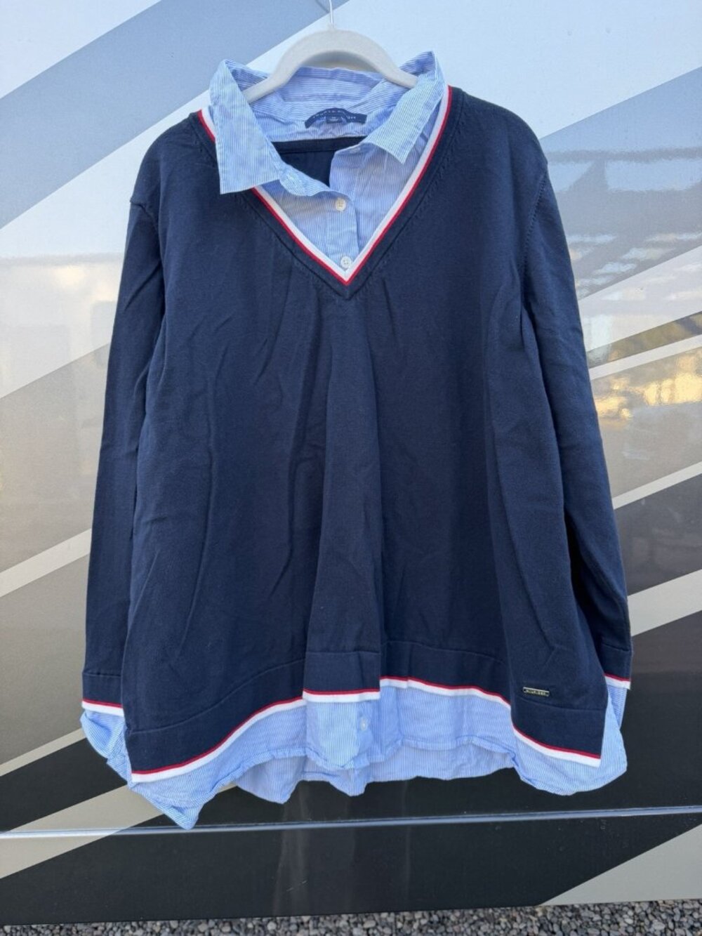 Tommy Hilfiger navy twofer V-neck preppy pinstriped layer sweater 3X academia